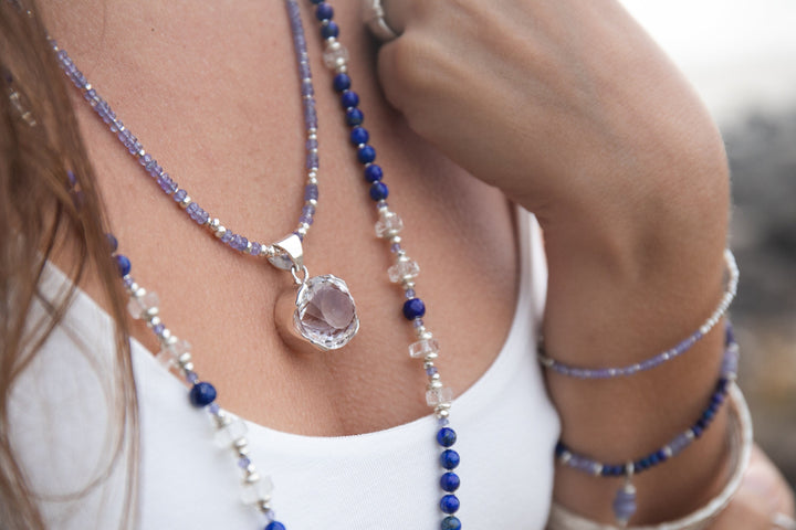 Lapis, Tanzanite and Clear Crystal Quartz Necklace with Thai Hill Tribe Silver