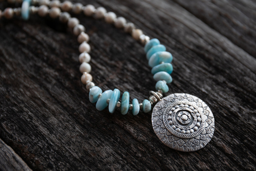 Larimar and Yellow Turquoise Mala Necklace with Thai Hill Tribe Silver Pendant