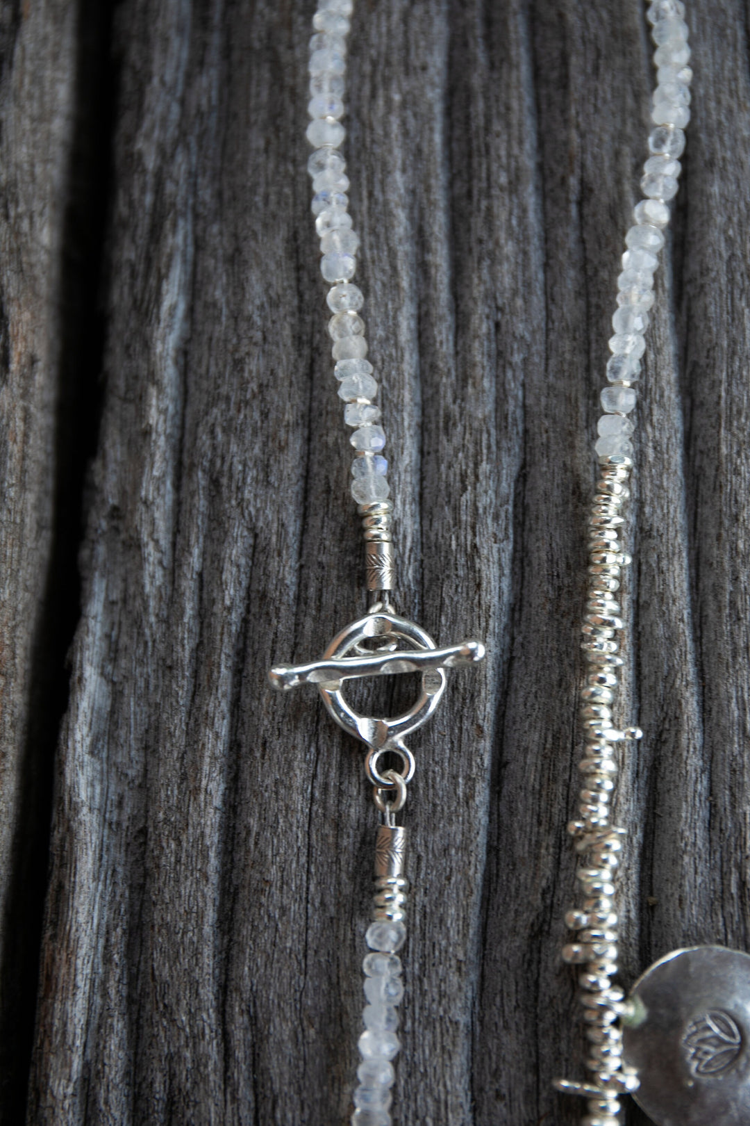 Rainbow Moonstone Necklace with Lotus Pendant and Thai Hill Tribe Silver Beads