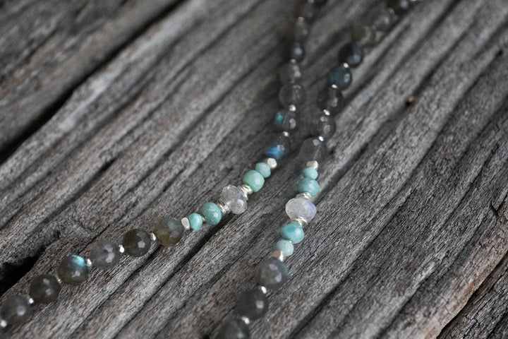 Labradorite, Larimar, Rainbow Moonstone + Thai Hill Tribe Silver Mala Necklace with Lotus Pendant