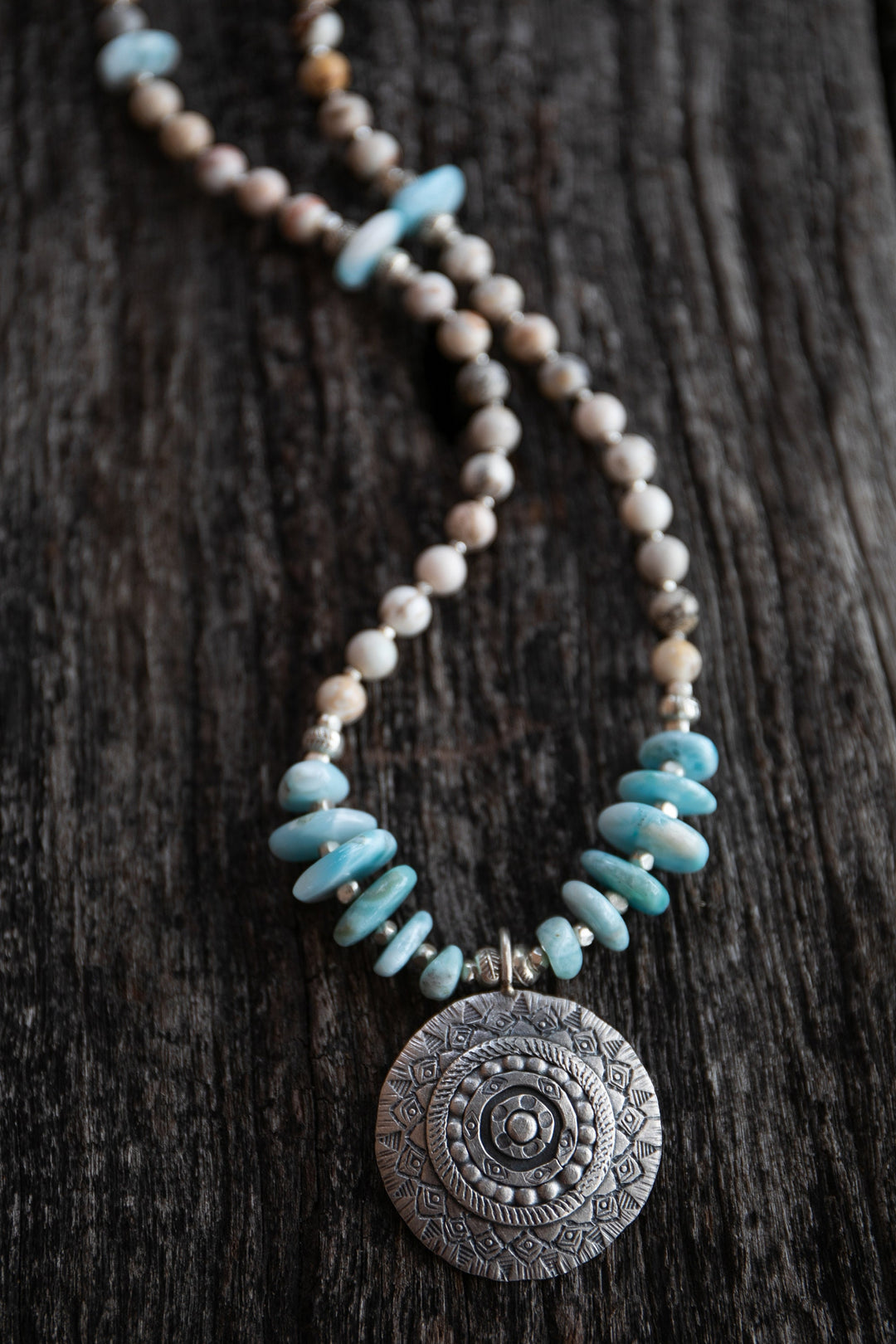 Larimar and Yellow Turquoise Mala Necklace with Thai Hill Tribe Silver Pendant
