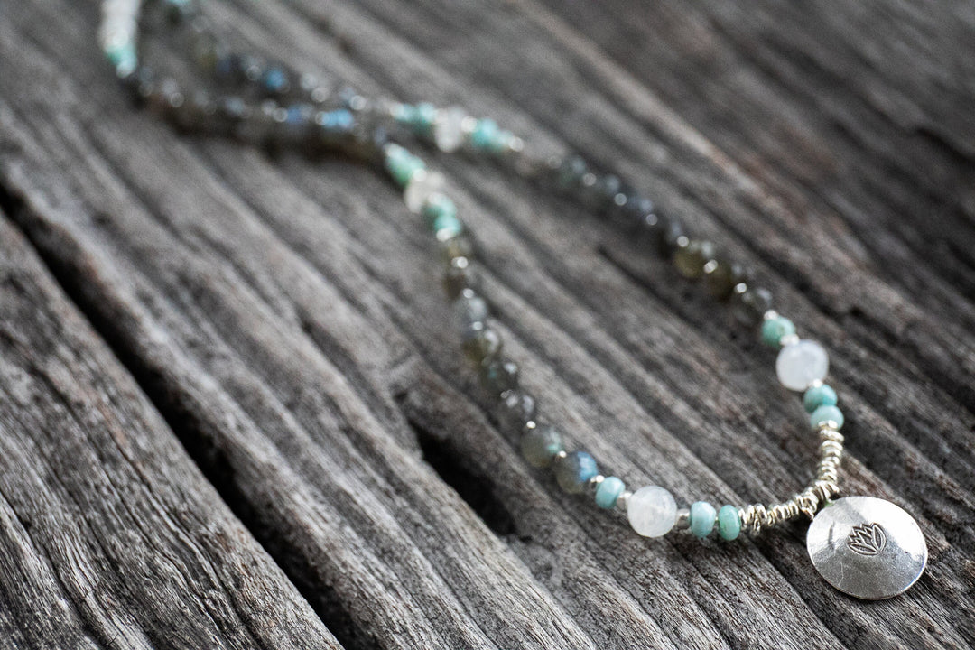 Labradorite, Larimar, Rainbow Moonstone + Thai Hill Tribe Silver Mala Necklace with Lotus Pendant