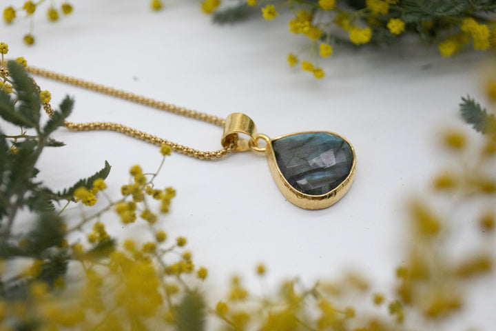A Grade Faceted Labradorite Pendant set in Hammered Gold Plated Sterling Silver