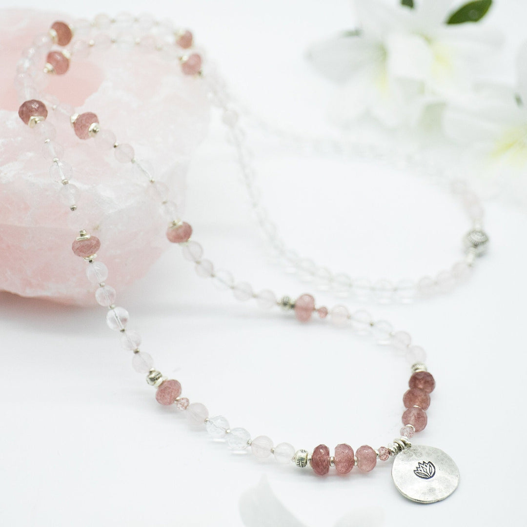 Rose Quartz, Cherry Quartz and Crystal Quartz Mala Style Necklace with Thai Hill Tribe Silver + Lotus Charm