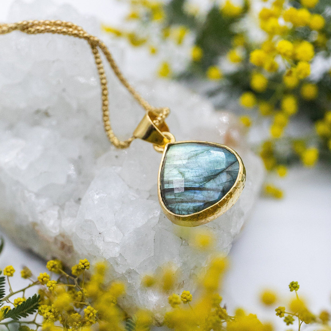 A Grade Faceted Labradorite Pendant set in Hammered Gold Plated Sterling Silver