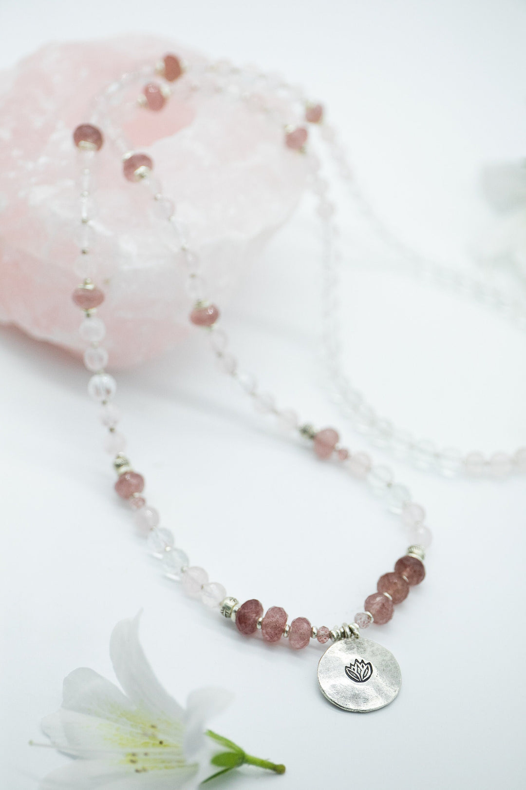 Rose Quartz, Cherry Quartz and Crystal Quartz Mala Style Necklace with Thai Hill Tribe Silver + Lotus Charm