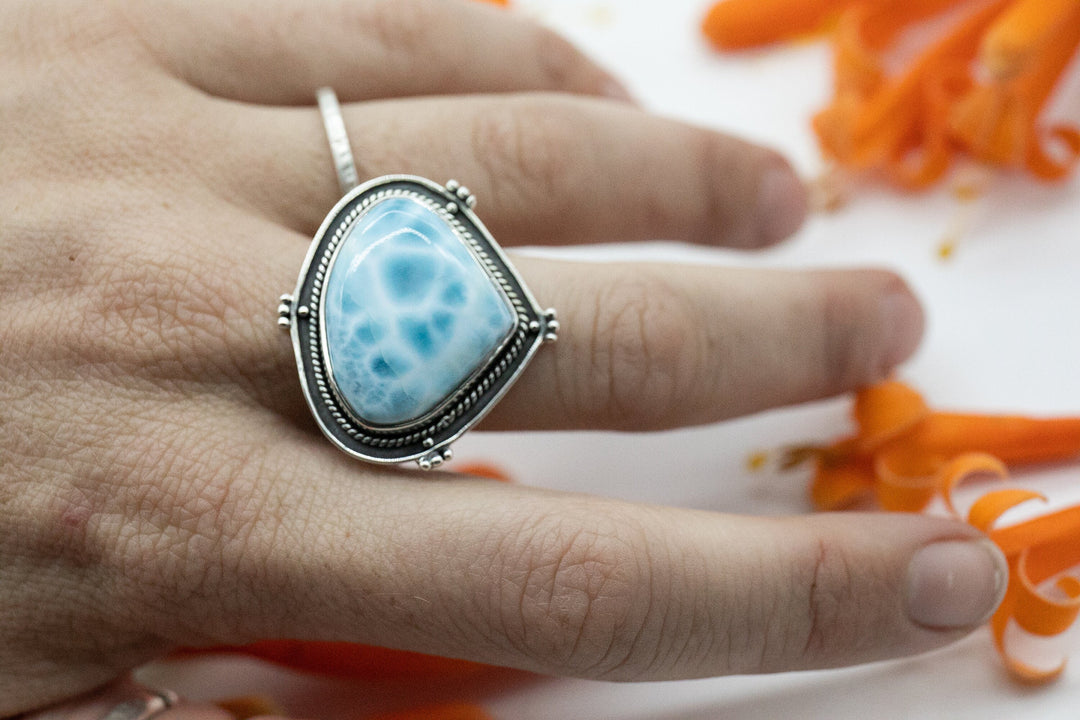 Larimar Ring in Tribal Sterling Silver Setting - Size 7 US