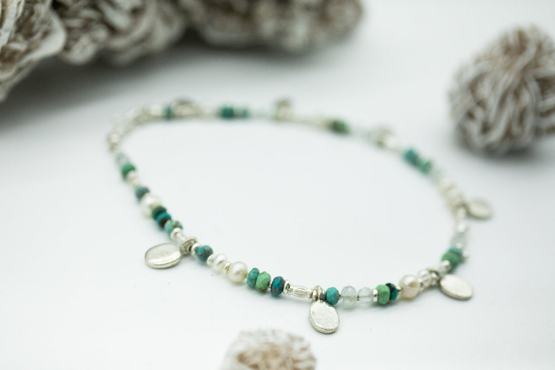 Beaded Aquamarine, Freshwater Pearl and Chrysocolla Anklet with Thai Hill Tribe Silver Charms, Clasp and Beads