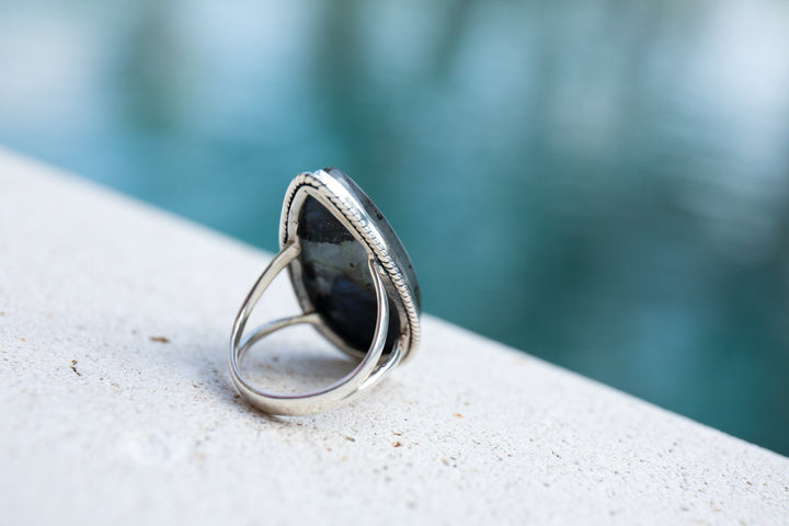 Teardrop Labradorite Ring in Sterling Silver Setting - Size 8.5 US