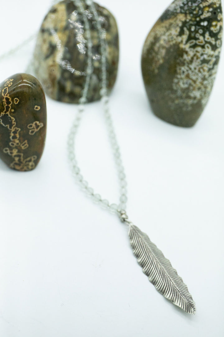 Beaded Faceted Green Amethyst Necklace with Thai Hill Tribe Silver Beads and Leaf Pendant