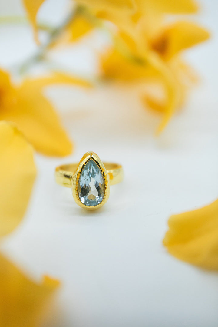 Faceted Teardrop Topaz Ring in Beaten Gold Plated Sterling Silver Setting - Size 6 US