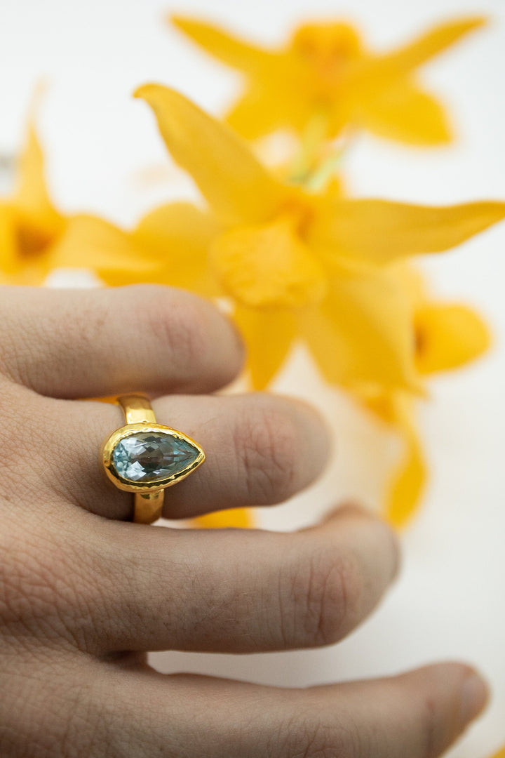 Faceted Teardrop Topaz Ring in Beaten Gold Plated Sterling Silver Setting - Size 6 US