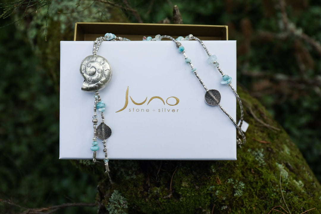 Larimar + Thai Hill Tribe Silver Necklace with Beaten Circle and Charm - Larimar Jewellery - Pectolite Necklace - Handmade Dolphin Stone