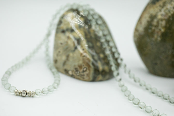 Beaded Faceted Green Amethyst Necklace with Thai Hill Tribe Silver Beads and Leaf Pendant