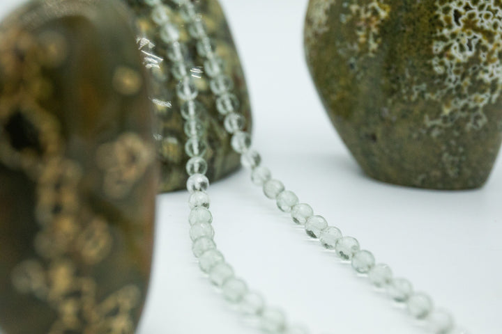 Beaded Faceted Green Amethyst Necklace with Thai Hill Tribe Silver Beads and Leaf Pendant
