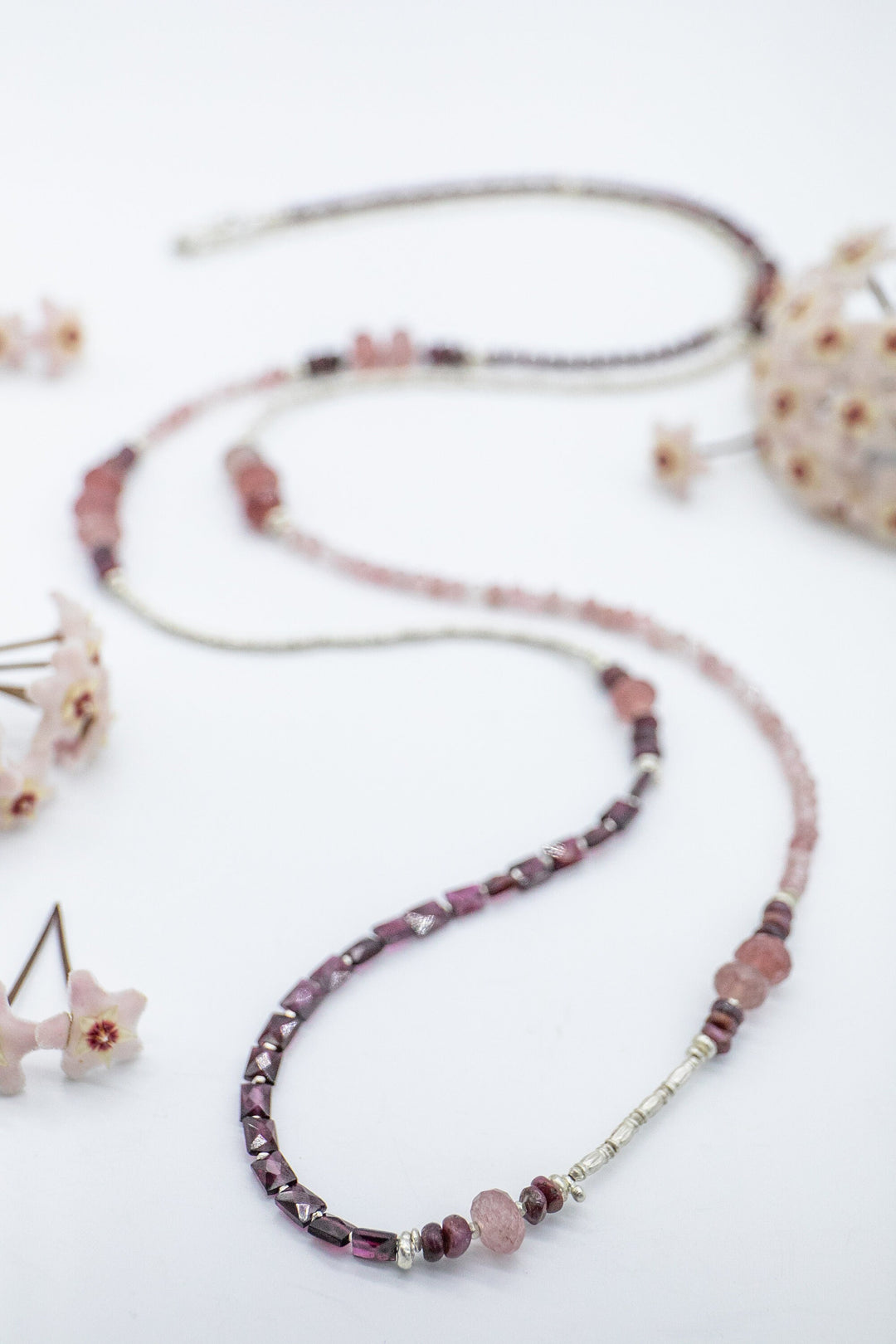 Long Cherry Quartz, Ruby + Garnet Beaded Necklace with Thai Hill Tribe Silver Beads