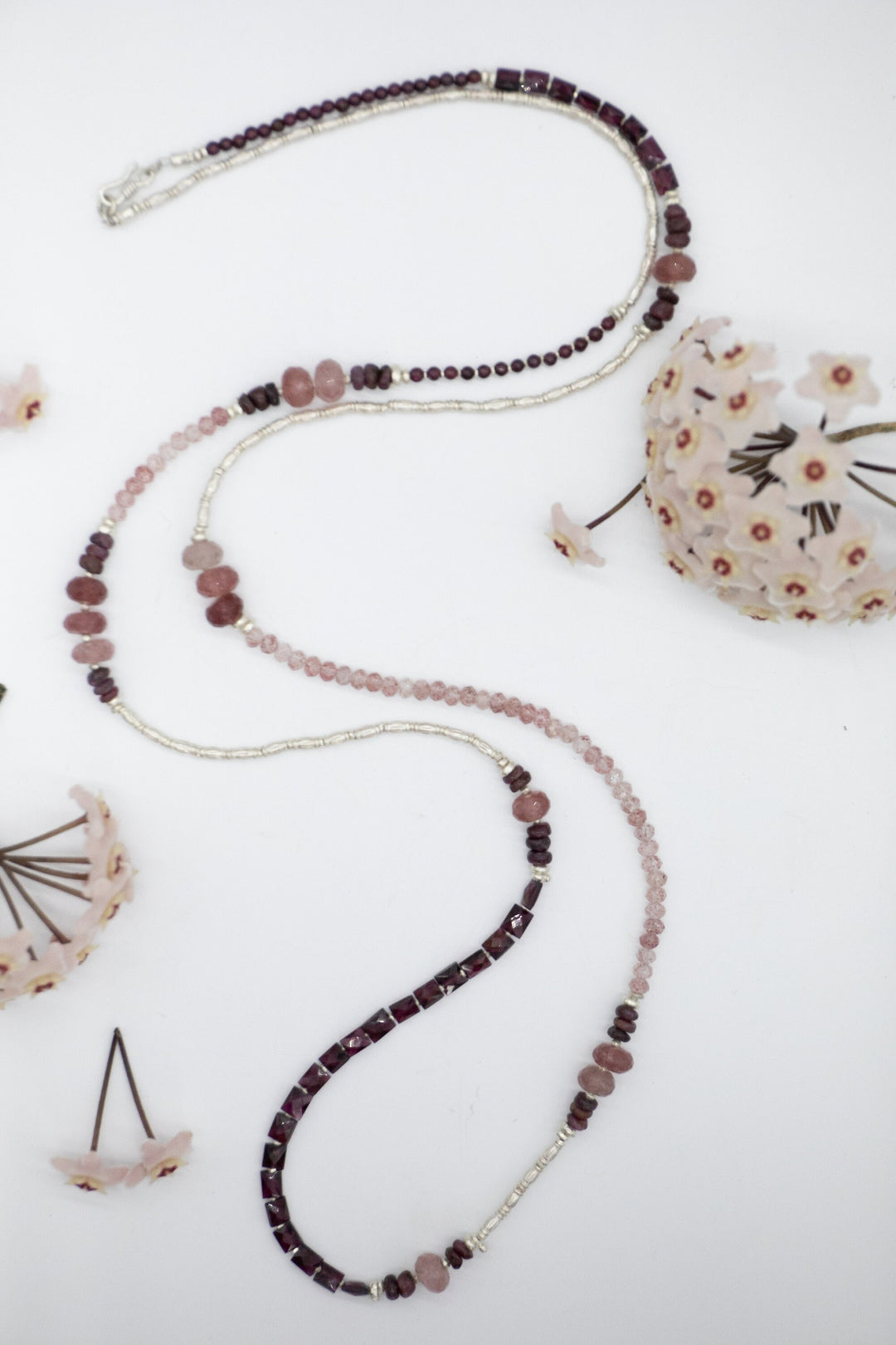 Long Cherry Quartz, Ruby + Garnet Beaded Necklace with Thai Hill Tribe Silver Beads