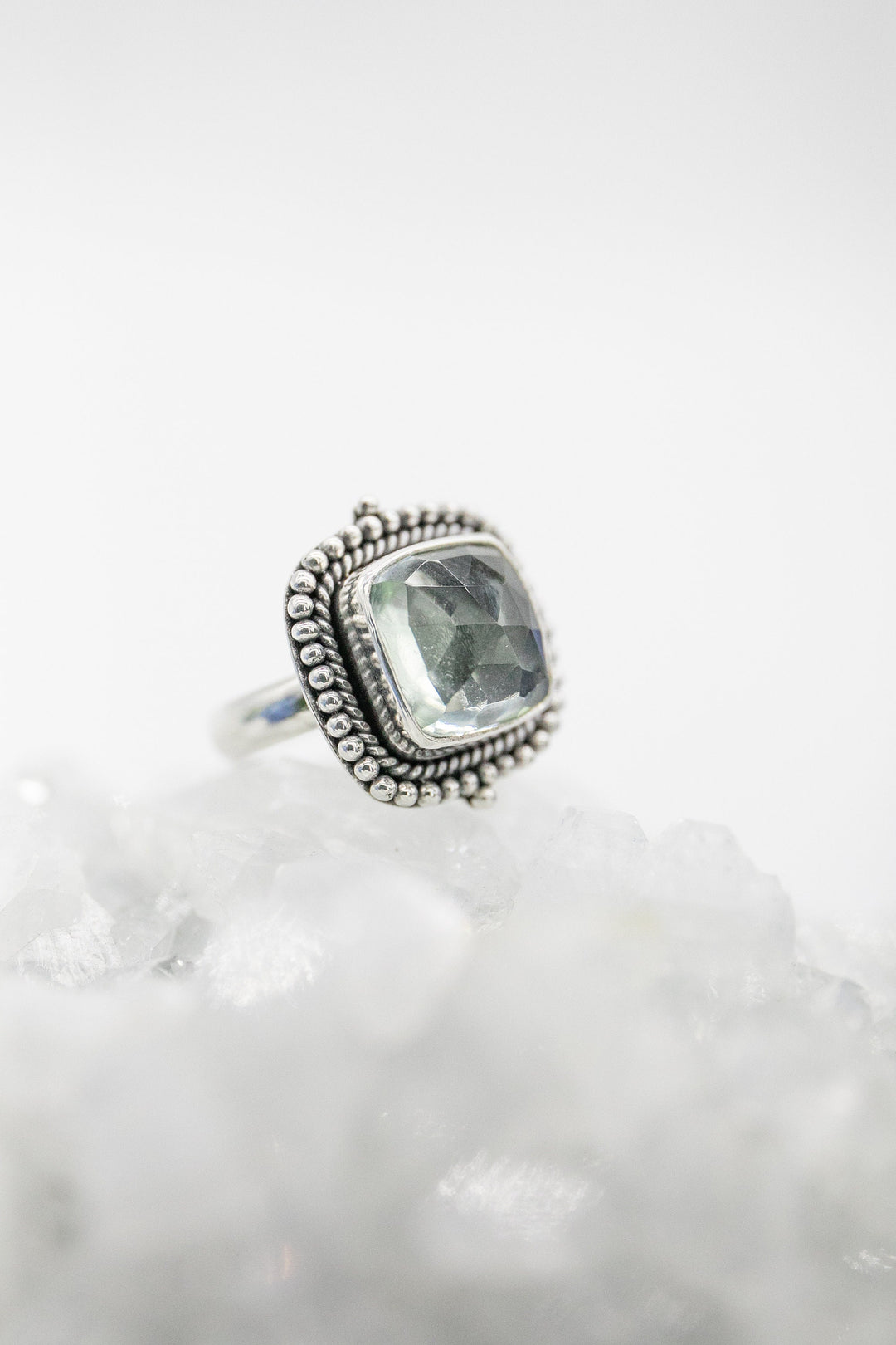 Faceted Green Amethyst or Prasiolite Ring with Tribal Sterling Silver Setting - Size 6 US