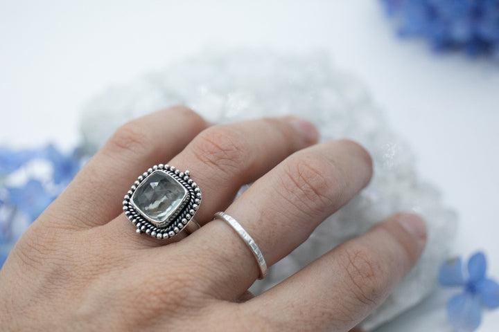 Faceted Green Amethyst or Prasiolite Ring with Tribal Sterling Silver Setting - Size 6 US