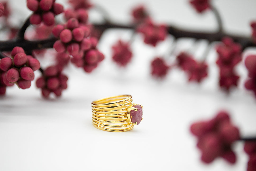 Raw Ruby Ring with Multi Band in Gold Plated Sterling Silver  - Size 6 US