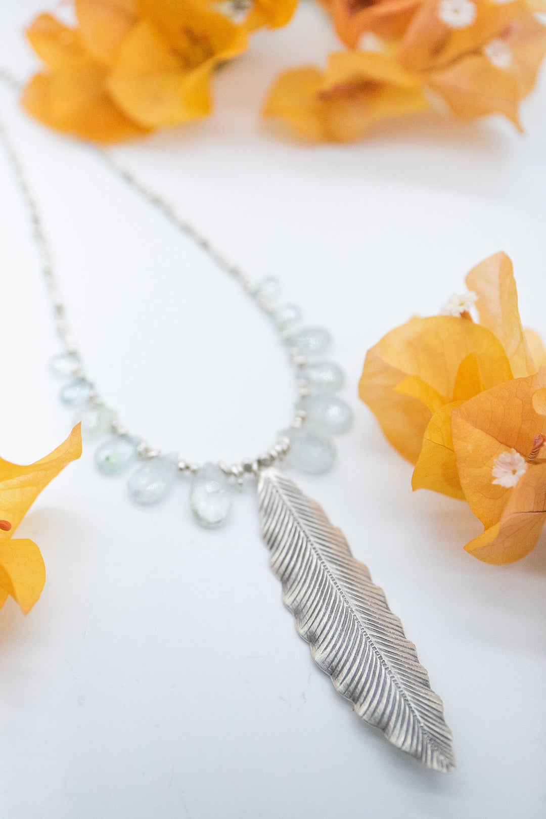 Faceted Teardrop Aquamarine Necklace with Thai Hill Tribe Silver Beads and Leaf Pendant