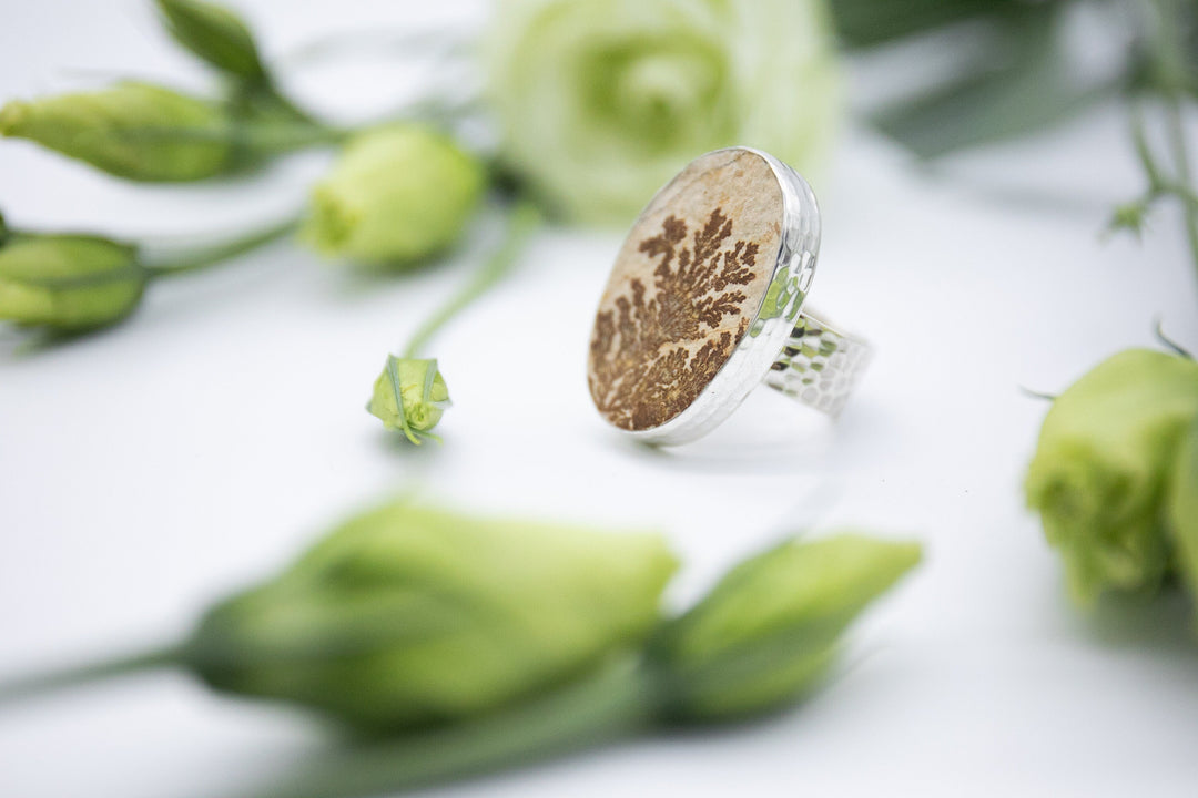 Oval Natural Leaf Jasper Ring set in Beaten Sterling Silver - 6.5 US Ring Size