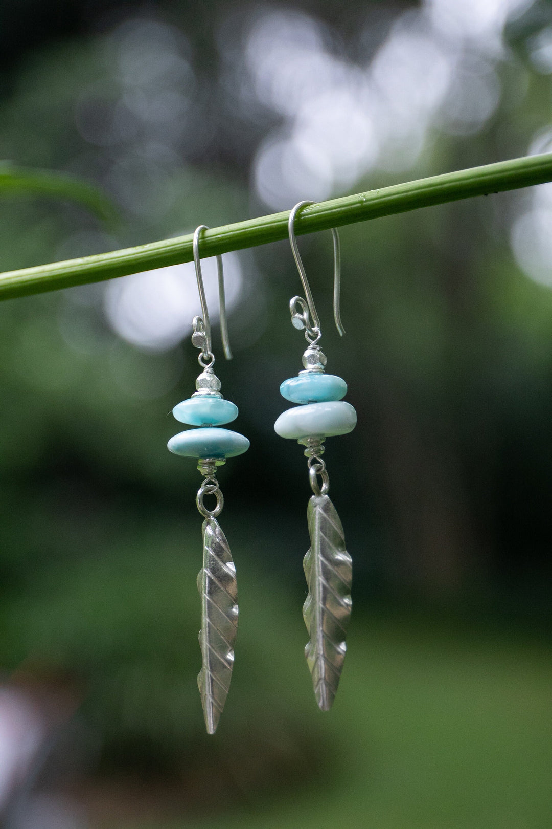 Larimar Earrings with Thai Hill Tribe Beads and Leaf Charms