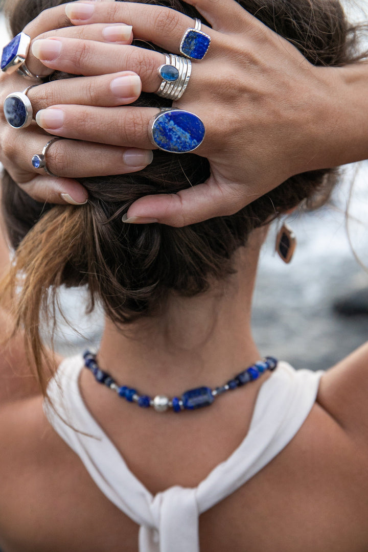Lapis Multi Stone Necklace with Thai Hill Tribe Silver and Leaf Pendant