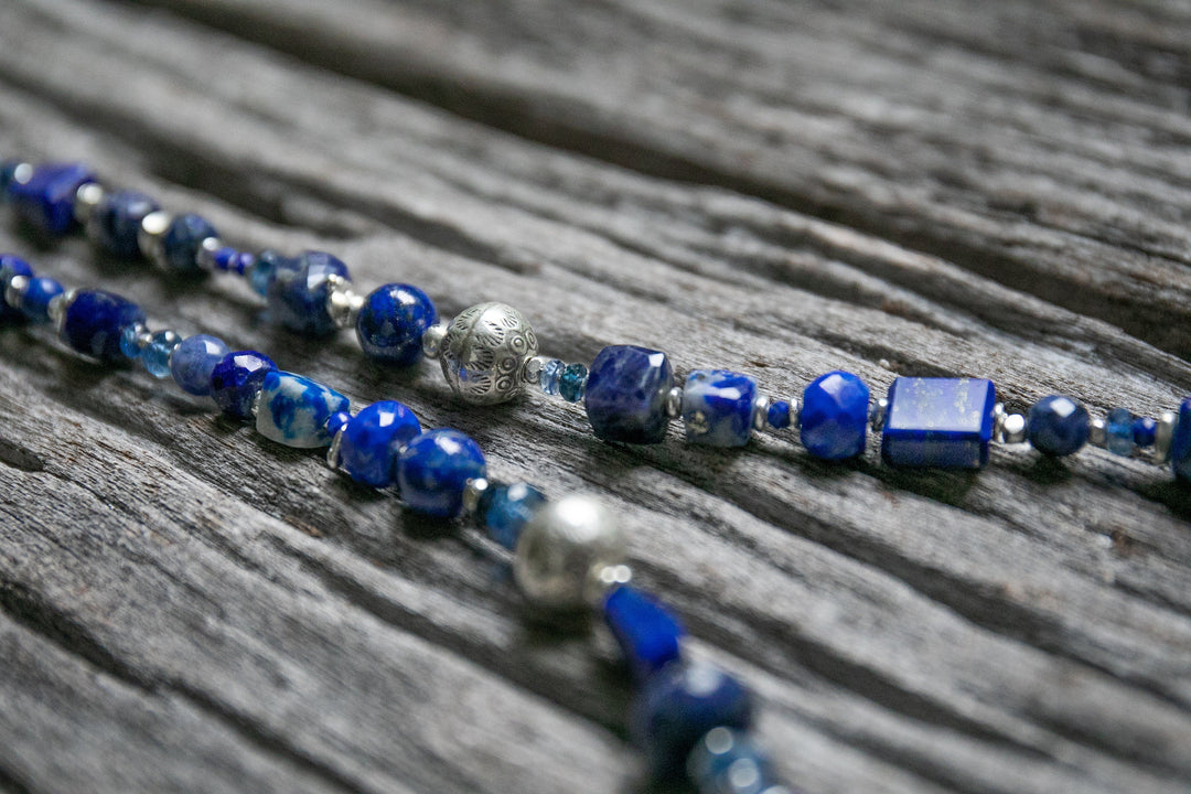 Lapis Multi Stone Necklace with Thai Hill Tribe Silver and Leaf Pendant