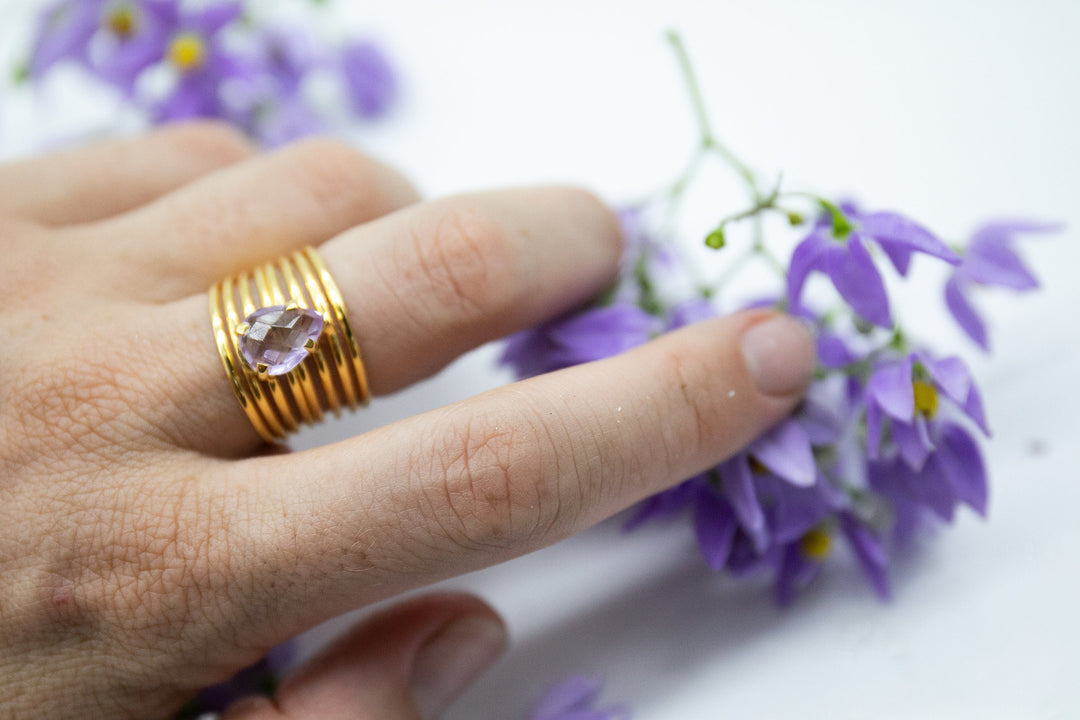 Faceted Amethyst Ring in Multi Band Gold Plated Sterling Silver Setting - Size 8 US