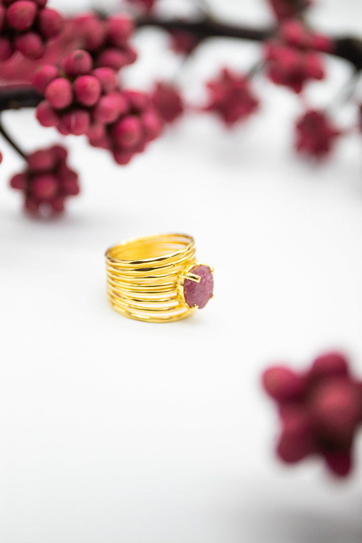 Raw Ruby Ring with Multi Band in Gold Plated Sterling Silver  - Size 6 US