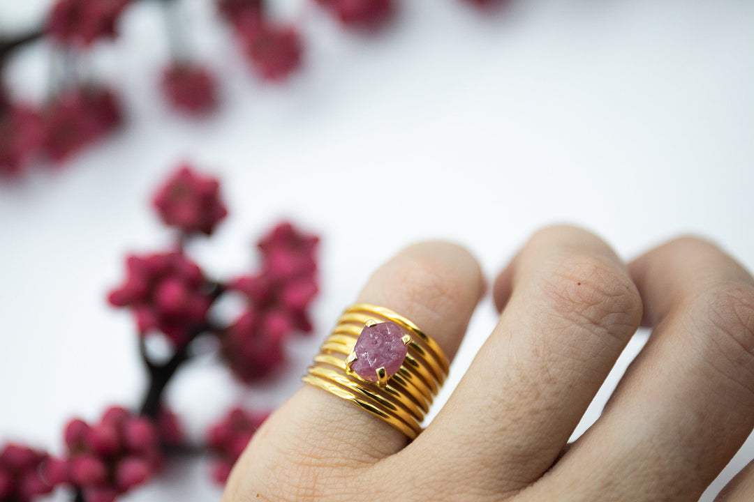 Raw Ruby Ring with Multi Band in Gold Plated Sterling Silver  - Size 6 US