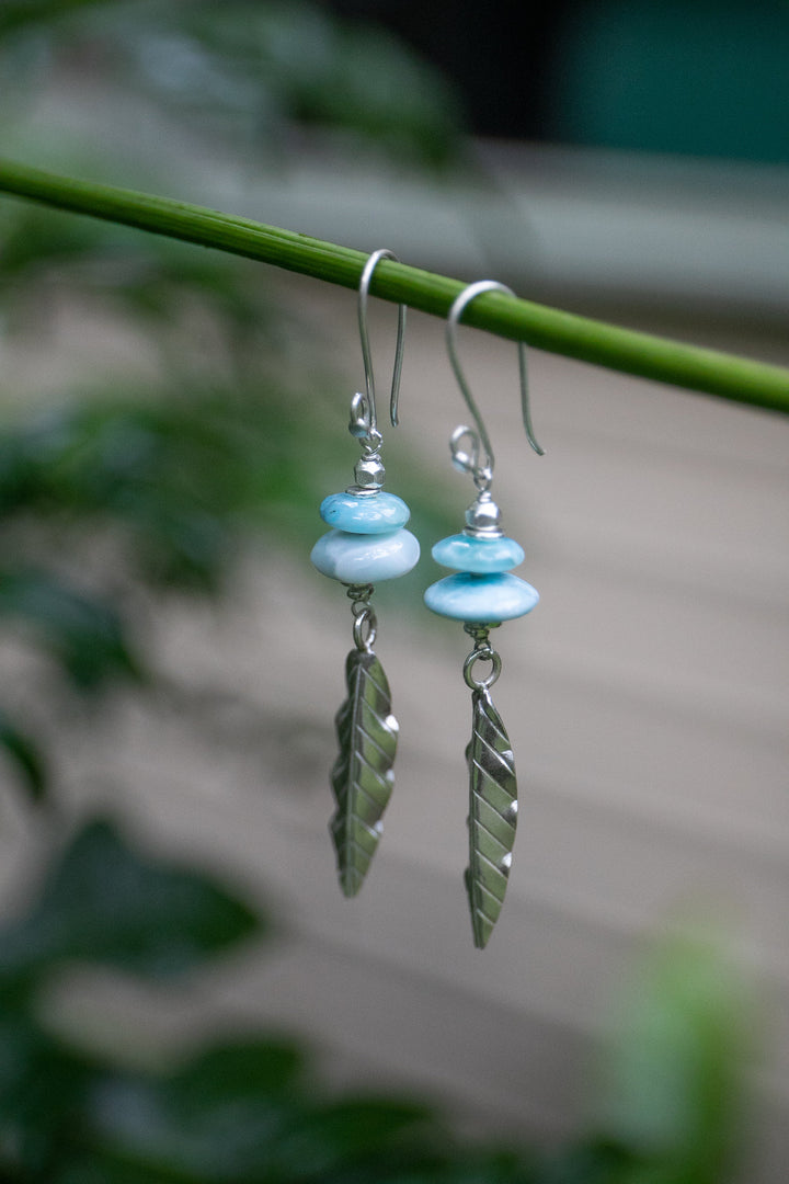 Larimar Earrings with Thai Hill Tribe Beads and Leaf Charms