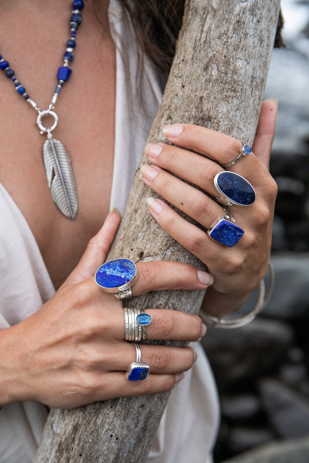 Lapis Multi Stone Necklace with Thai Hill Tribe Silver and Leaf Pendant