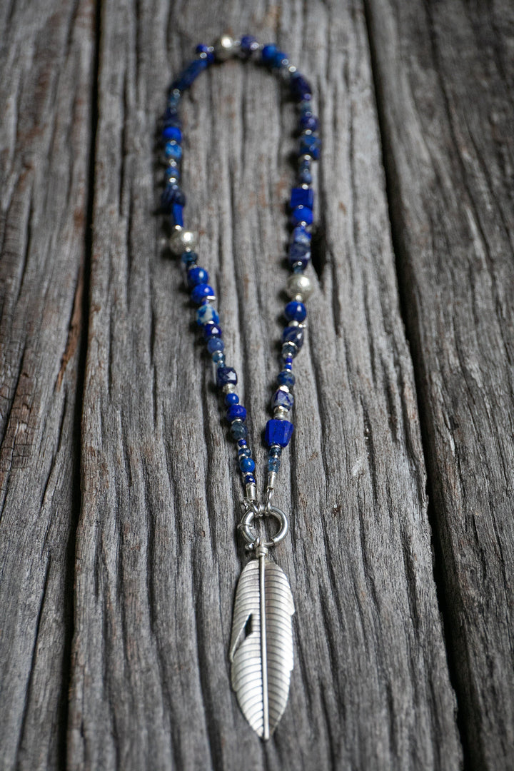 Lapis Multi Stone Necklace with Thai Hill Tribe Silver and Leaf Pendant