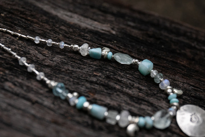 Sweet Larimar, Aquamarine + Rainbow Moonstone Necklace made with  Lotus Pendant