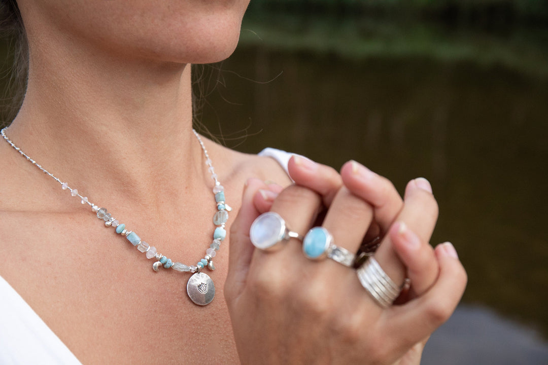 Sweet Larimar, Aquamarine + Rainbow Moonstone Necklace made with  Lotus Pendant