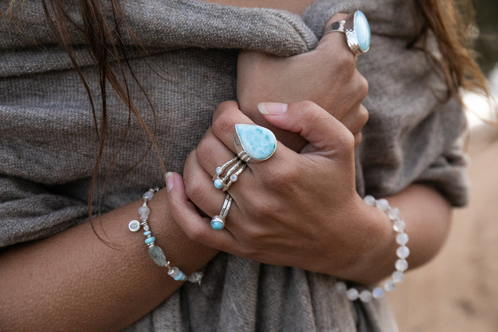 Beaded Larimar, Rainbow Moonstone and Aquamarine Bracelet with Thai Hill Tribe Silver Beads and Leaf Charms