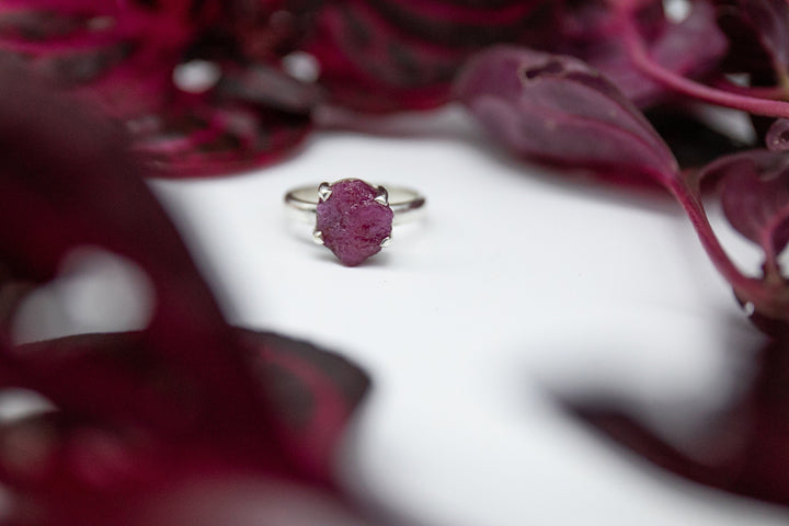 Raw Ruby Ring with Sterling Silver Claw Setting - Size 7 US