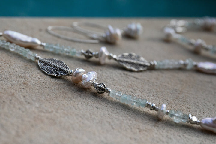 Aquamarine, Freshwater Biwa Pearl and Thai Hill Tribe Silver Beads and Clasp