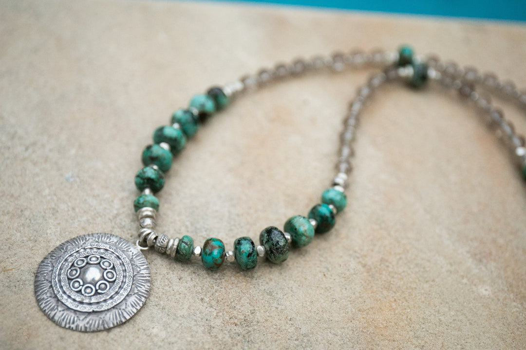 Turquoise and Smokey Quartz Mala Beaded Necklace with Thai Hill Tribe Silver Mandala Pendant