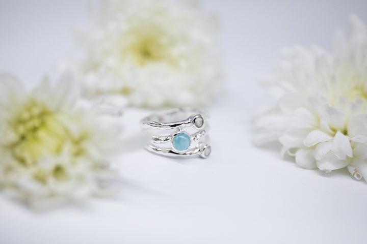 Three Band Ring with Larimar and Rainbow Moonstone in Sterling Silver - Multiple Sizes