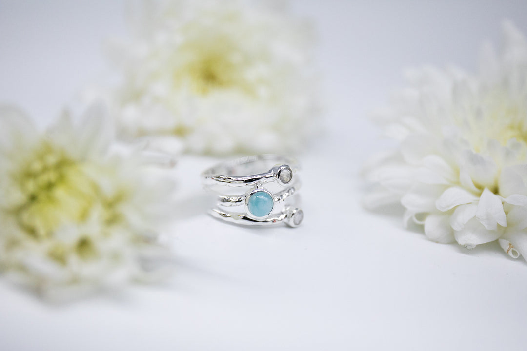 Three Band Ring with Larimar and Rainbow Moonstone in Sterling Silver - Multiple Sizes