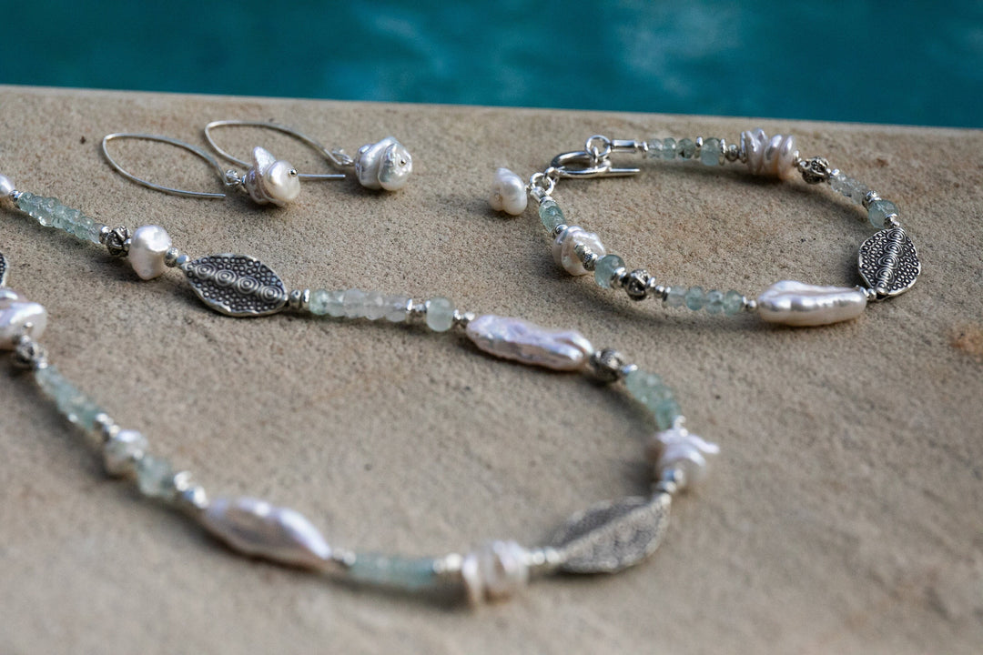 Aquamarine, Freshwater Biwa Pearl and Thai Hill Tribe Silver Beads and Clasp