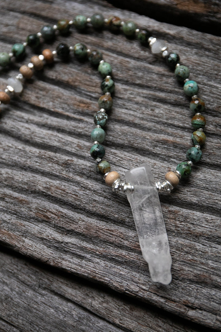 African Turquoise, Rainbow Moonstone + Wood Asymmetrical 108 Beaded Mala Necklace with Crystal Point Pendant + Thai Hill Tribe Silver