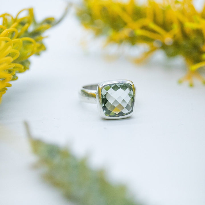 Faceted Green Amethyst or Prasiolite Ring with Beaten Sterling Silver Setting - Size 6 US
