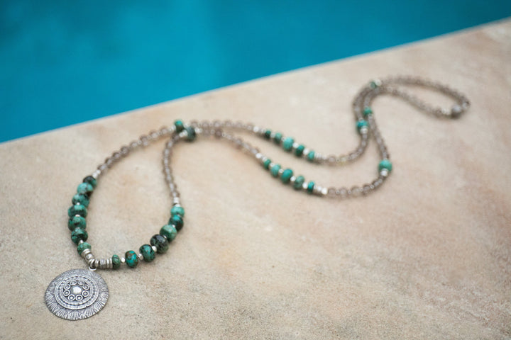 Turquoise and Smokey Quartz Mala Beaded Necklace with Thai Hill Tribe Silver Mandala Pendant