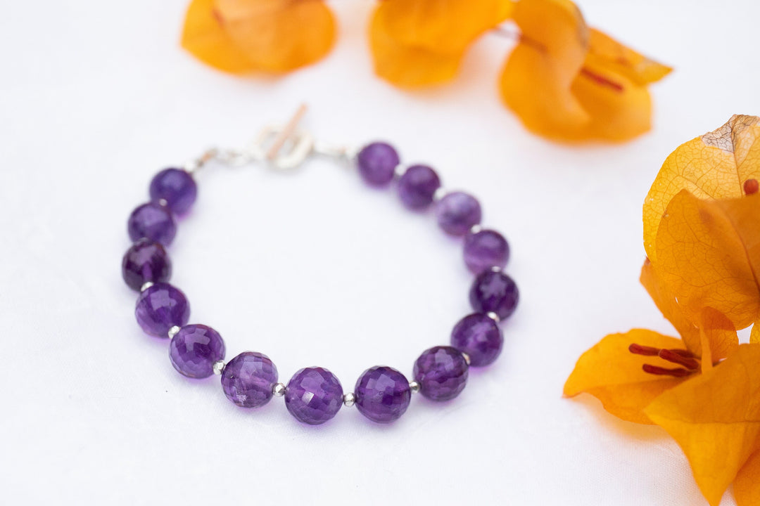 Beaded High Quality Faceted Amethyst Bracelet with Thai Hill Tribe Silver Beads and Clasp