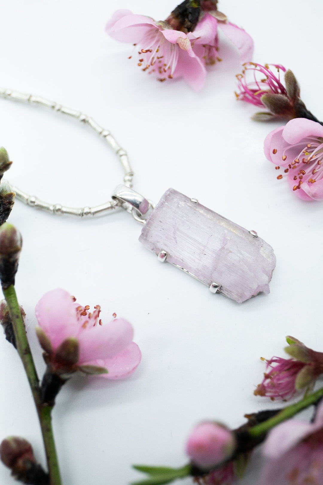 Lovely Raw Pink Kunzite Pendant in 92.5% Sterling Silver Claw Setting with Thai Hill Tribe Silver Chain - Gemstone Pendant - Kunzite Jewelry