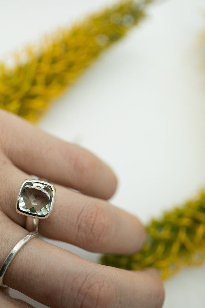 Faceted Green Amethyst or Prasiolite Ring with Beaten Sterling Silver Setting - Size 6 US